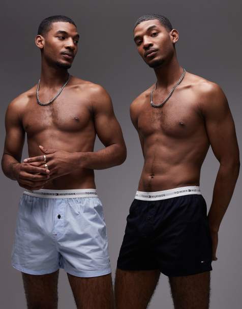 Tommy Hilfiger – Essentials – 2er-Pack gewebte Baumwoll-Boxershorts in Marineblau/Hellblau mit Signatur - view 1