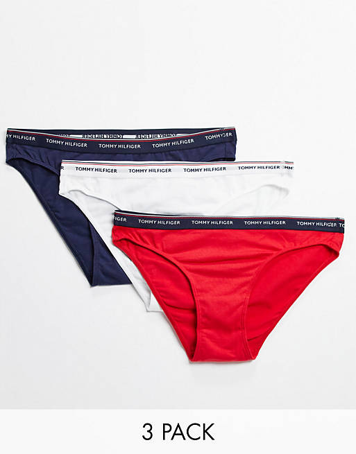 Tommy Hilfiger Essentials 3 pack bikini shape logo briefs in red white and navy