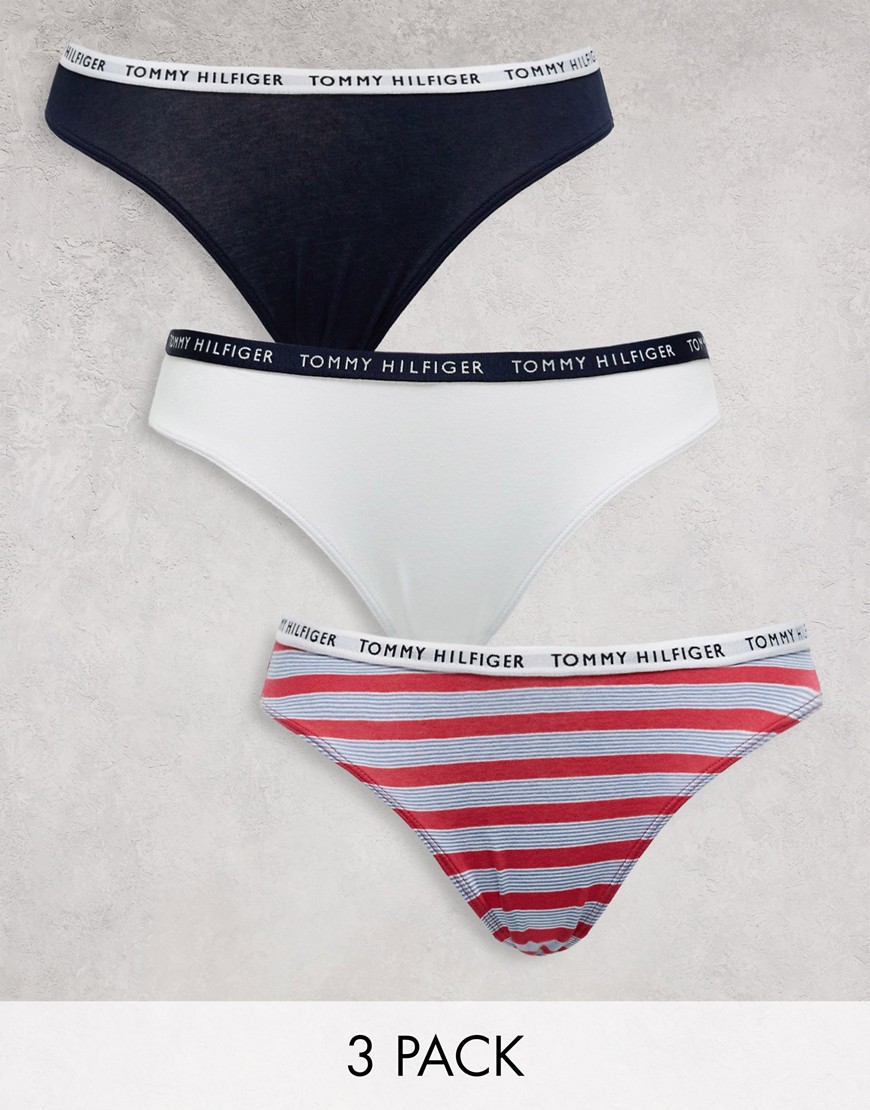 Tommy Hilfiger Essentials Bikini Style Brief 3 Pack In Navy White And Stripe-Multi