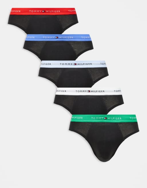 Tommy Hilfiger - Essentials - Lot de 5 slips en coton avec ceinture griffée multicolore - Noir