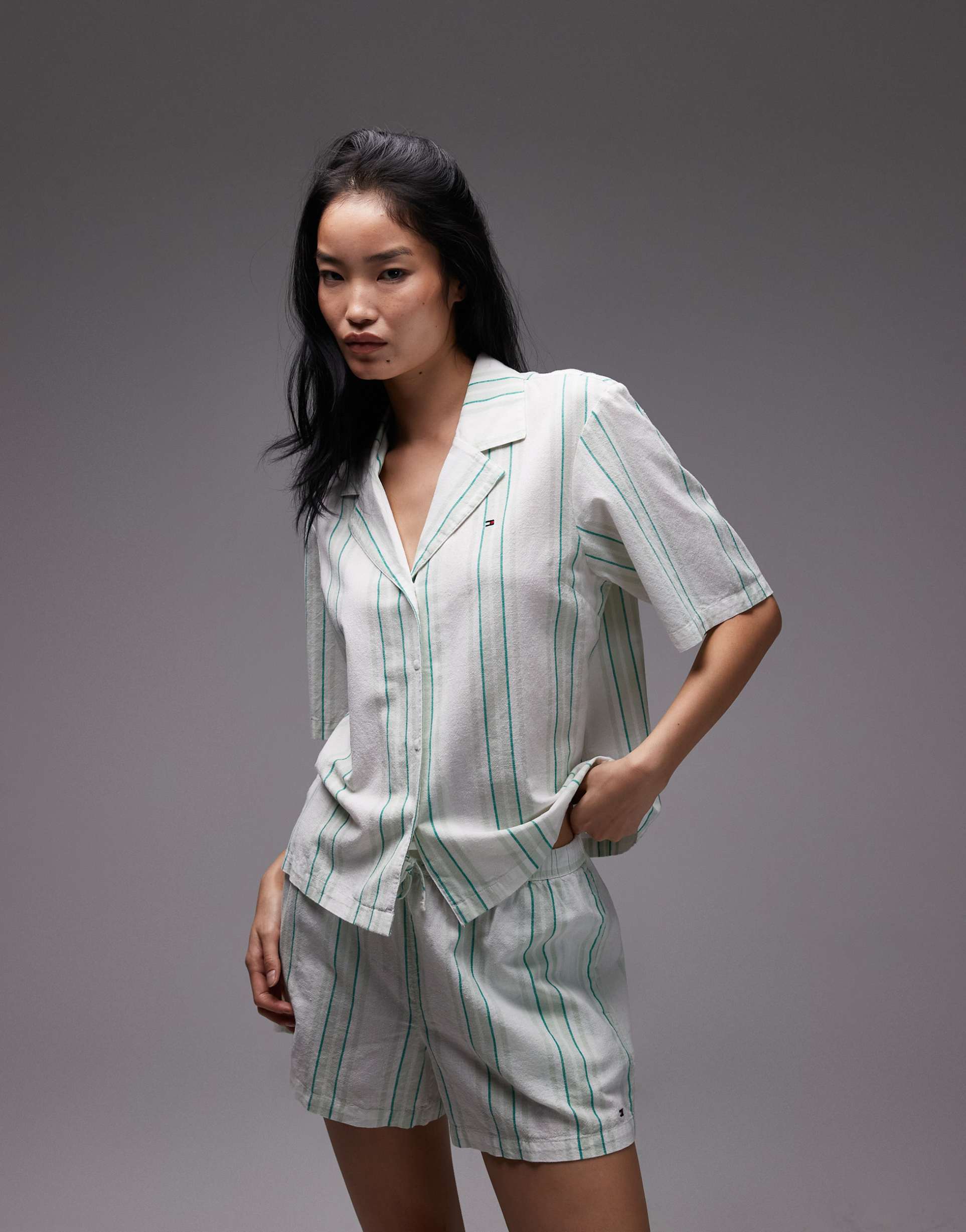 tommy hilfiger essentials pajama set in green stripe