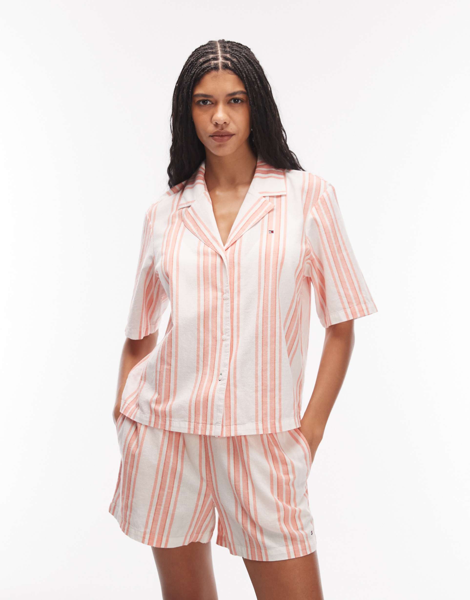 tommy hilfiger essentials pajama set in peach stripe