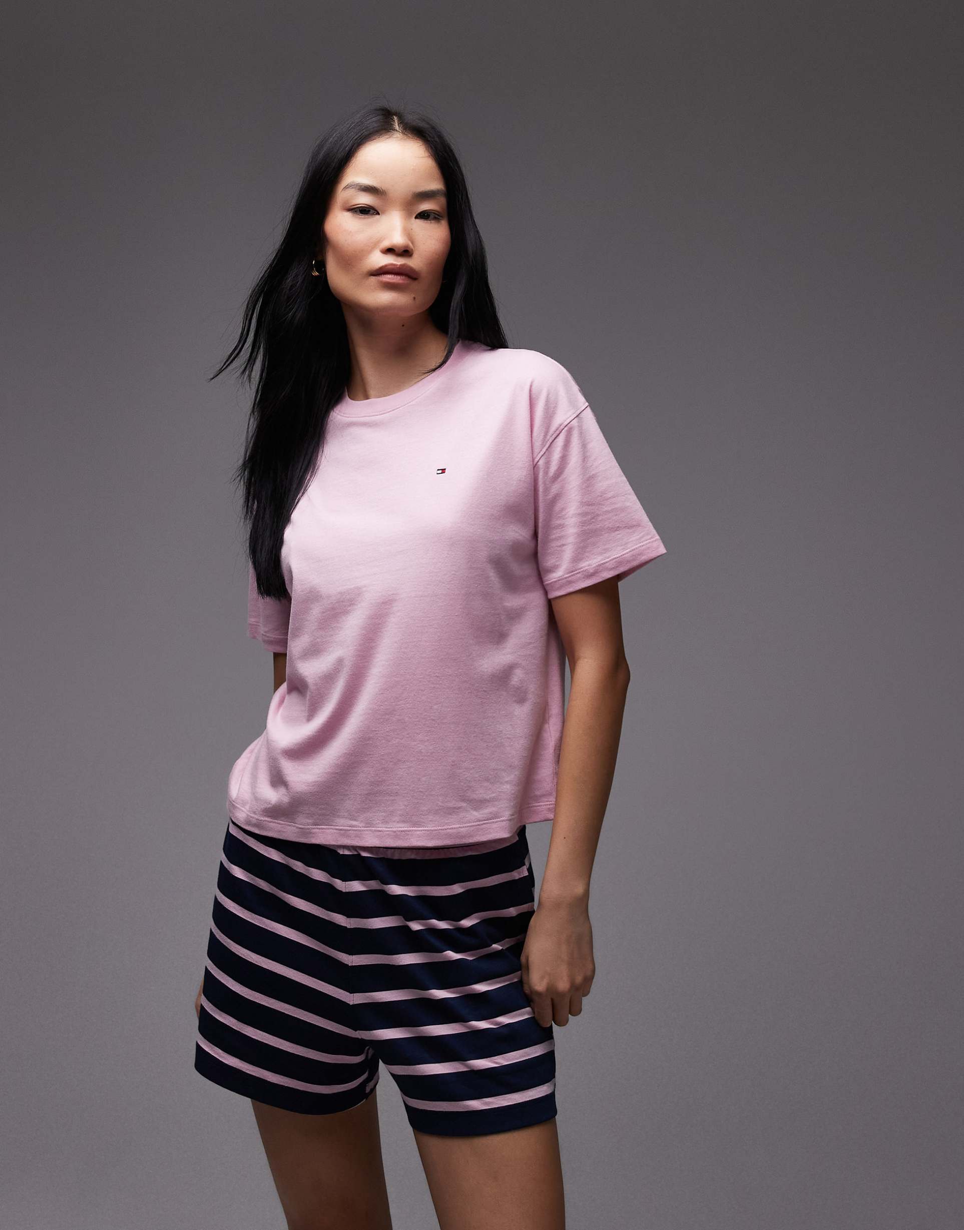 tommy hilfiger essentials pajama set in pink & navy stripe