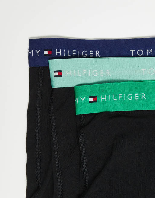 Tommy Hilfiger – Essentials – Svarta trunks med gröna midjeband och signaturlogga i bomull, 3-pack, 2 av 3