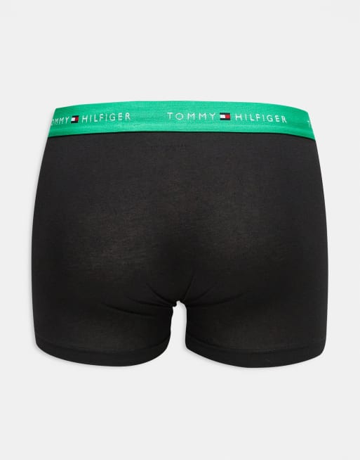 Tommy Hilfiger – Essentials – Svarta trunks med gröna midjeband och signaturlogga i bomull, 3-pack, 3 av 3