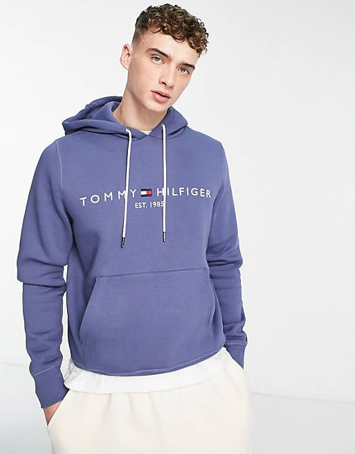 Tommy Hilfiger established logo hoodie in blue | ASOS