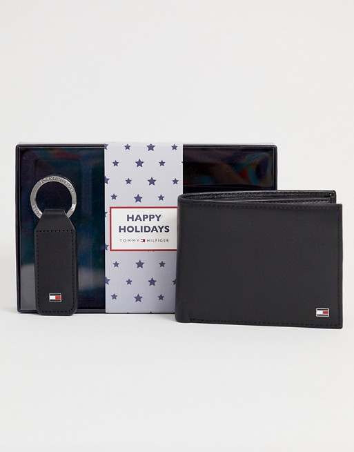 Tommy Hilfiger eton leather coin pocket wallet and key fob gift set in black