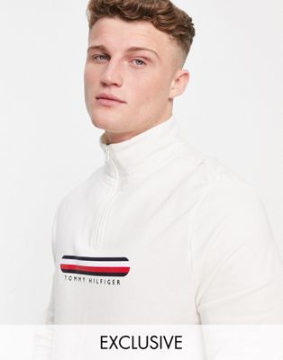 Tommy Hilfiger exclusive to ASOS lounge half zip with chest flag logo in cream