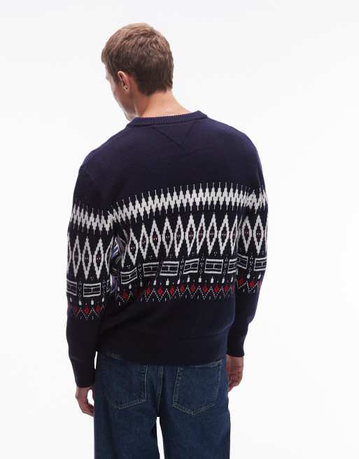 Tommy Hilfiger fairisle wool sweater in navy and white, 3 of 5