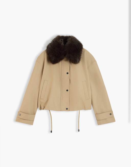 Tommy Hilfiger Faux fur collar oversized bomber jacket in beige, 5 of 7