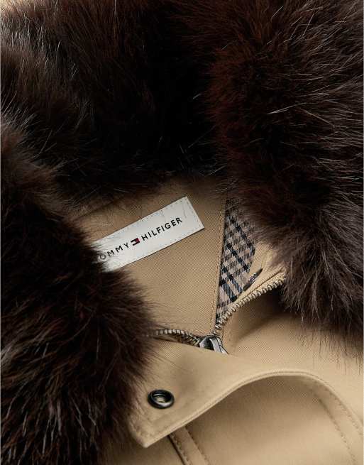 Tommy Hilfiger Faux fur collar oversized bomber jacket in beige, 6 of 7