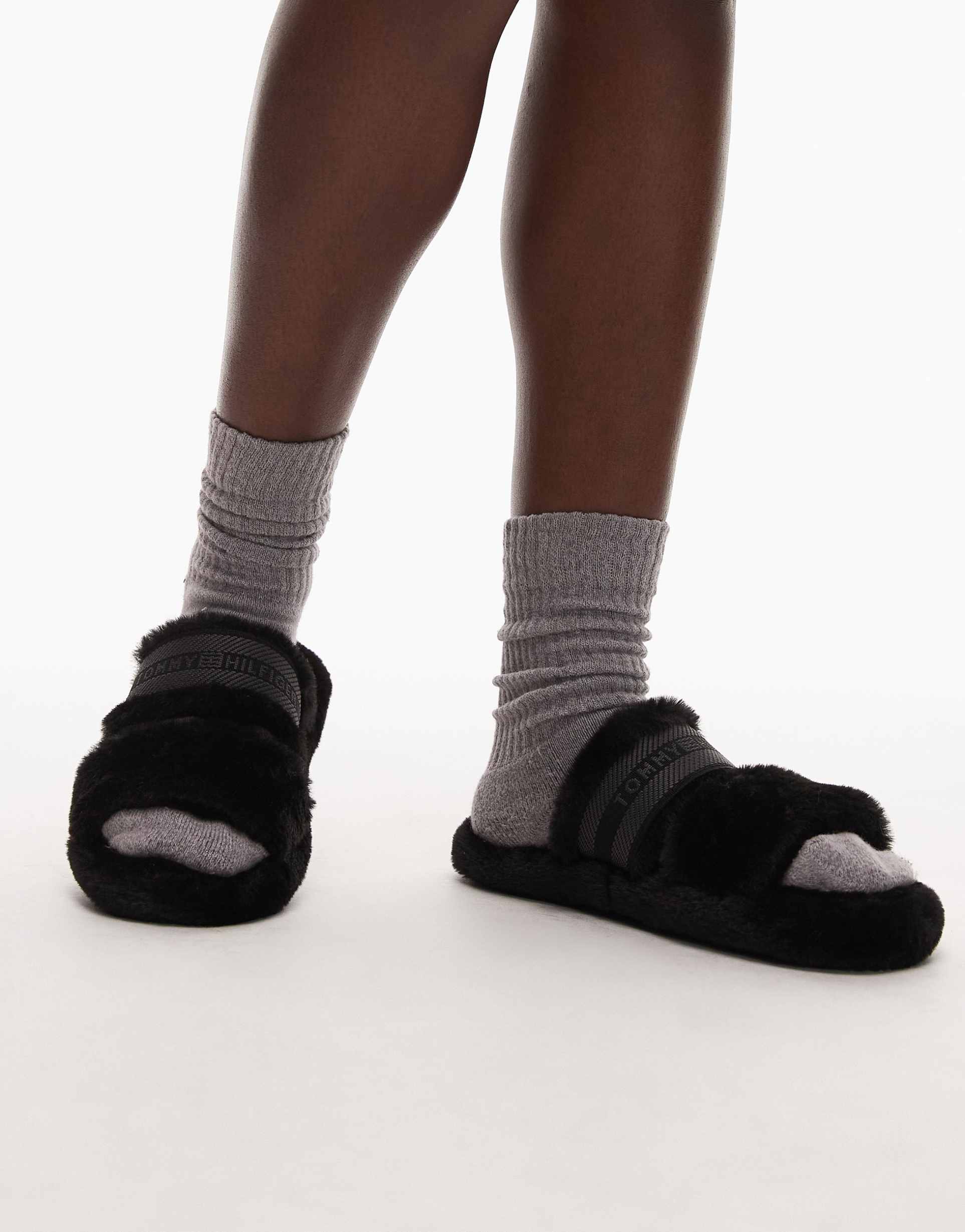 tommy hilfiger faux fur slippers in black