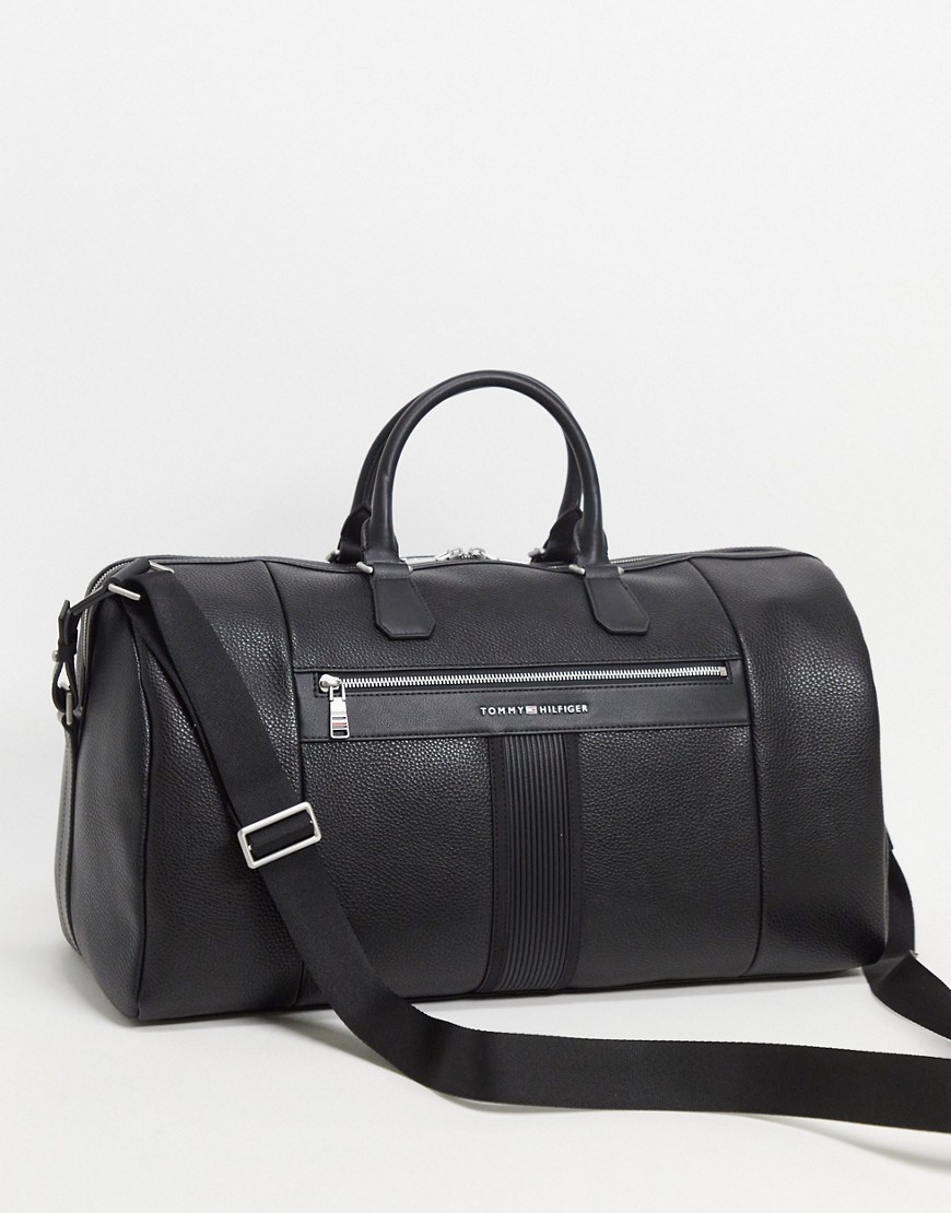 Tommy Hilfiger faux leather duffle bag in black with logo