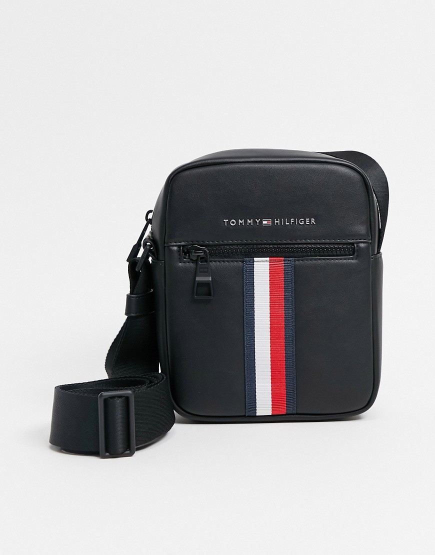 Tommy Hilfiger faux leather flight bag in with stripe logo detail in black