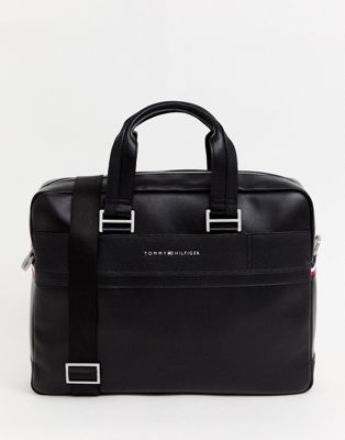 Tommy Hilfiger faux leather laptop bag in black | ASOS