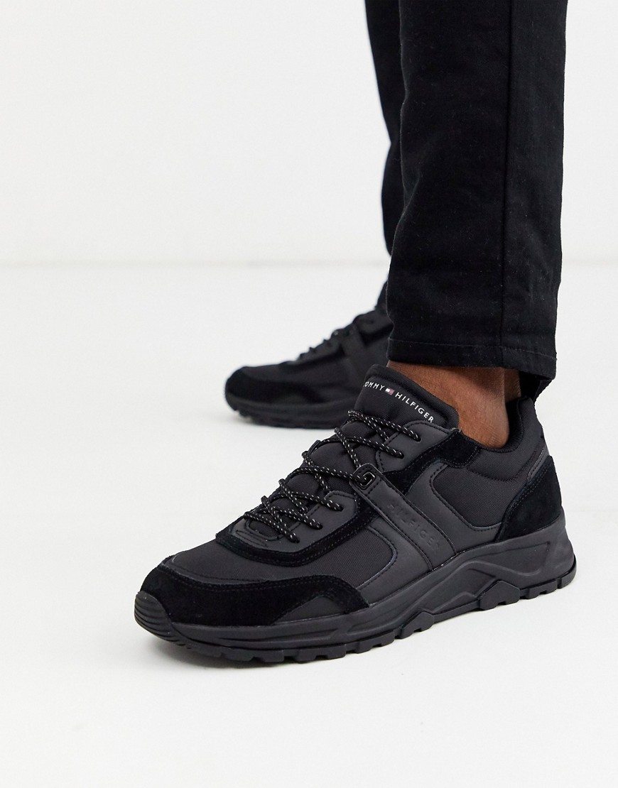 Tommy Hilfiger faux leather suede mix trainer in black