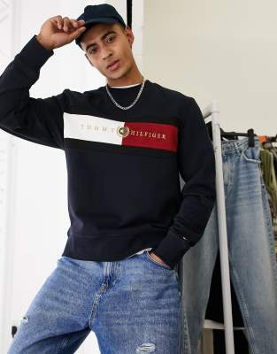 Tommy Hilfiger icon flag logo insert panel sweatshirt in navy - ASOS Price Checker