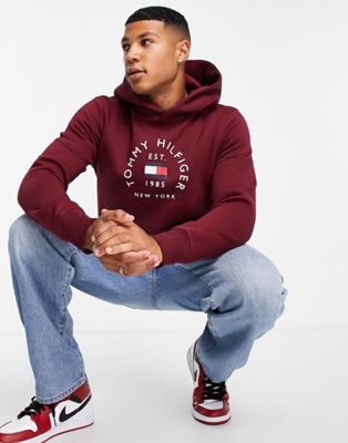 Tommy Hilfiger flag arch logo cotton blend hoodie in burgundy  - ASOS Price Checker