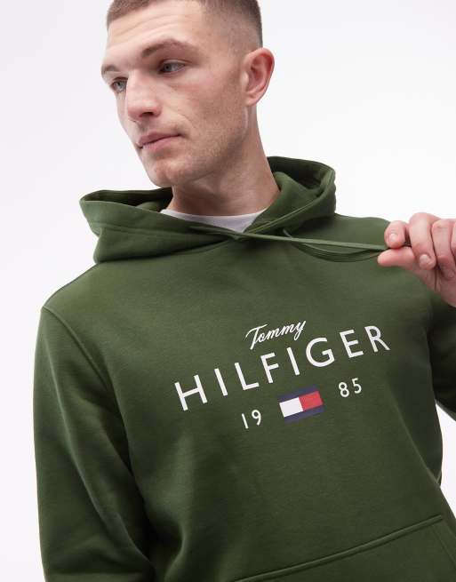 Tommy Hilfiger - Felpa con cappuccio verde con logo grande al centro , 5 di 5