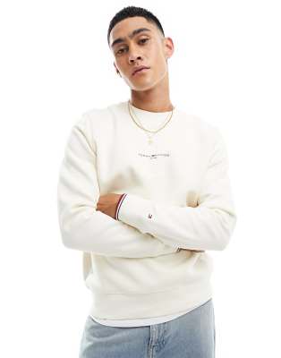 Tommy Hilfiger - Felpa girocollo color crema con logo e righe a contrasto sui bordi
