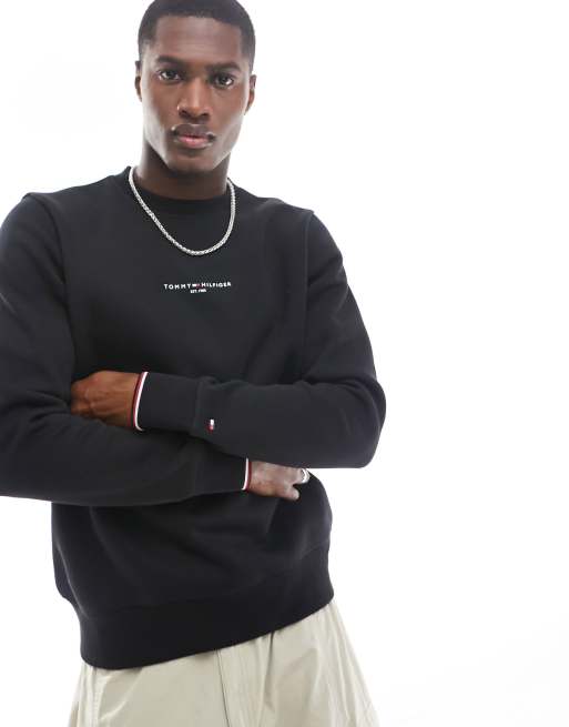 Tommy Hilfiger - Felpa girocollo con logo con risvolto, colore nero