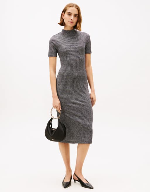 Tommy Hilfiger Festive metallic slim midi bodycon dress in dark grey