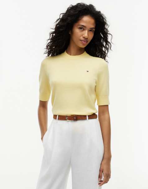 Tommy Hilfiger Fine knit jersey short sleeve jumper in yellow