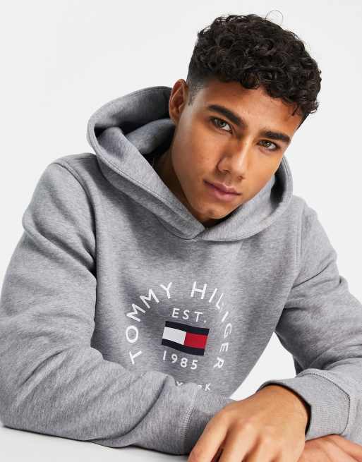 Tommy hilfiger embroidered flag logo hoodie in grey marl sale