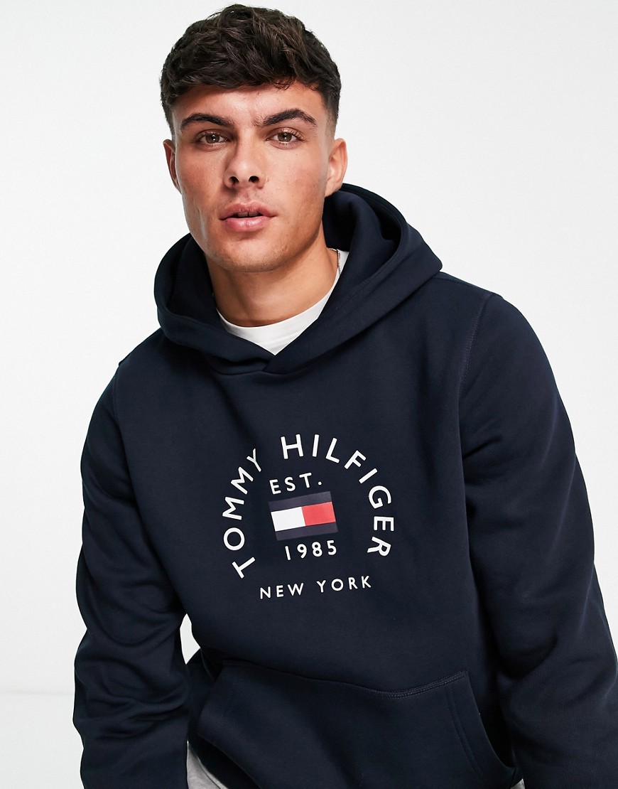 Tommy Hilfiger flag arch logo cotton blend hoodie in navy