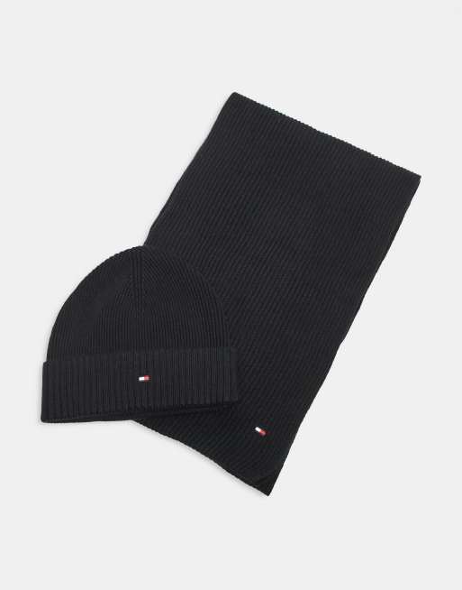 Tommy Hilfiger flag beanie & scarf giftset in black