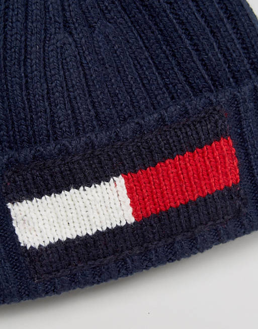 Tommy Hilfiger Flag Bobble Beanie in Navy | ASOS