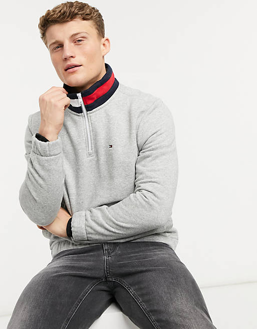 Tommy Hilfiger flag collar quarter zip sweater in gray heather | ASOS