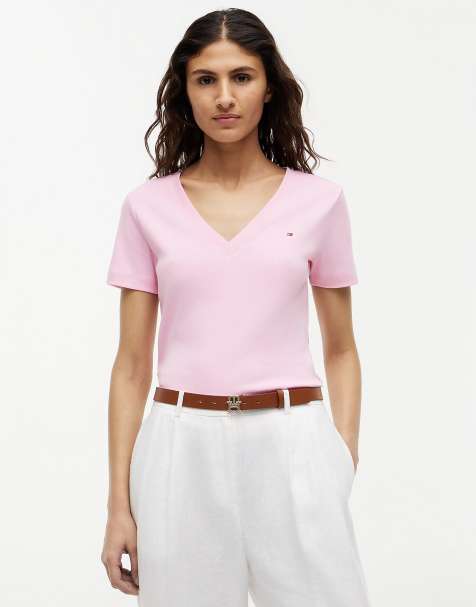 Tommy Hilfiger Flag embroidery slim v-neck t-shirt in light pink