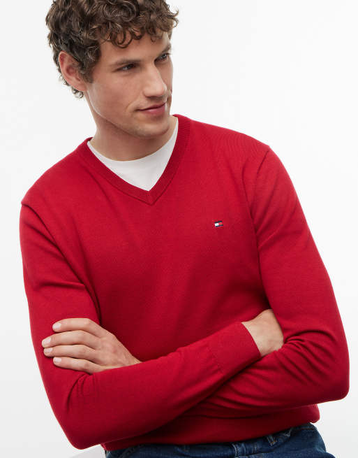 Tommy Hilfiger Flag embroidery v-neck jumper in medium red, 3 of 6
