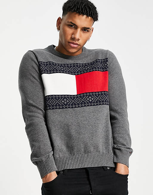 Tommy Hilfiger flag Fair Isle knit crew sweater in gray | ASOS