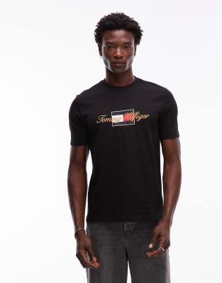 Tommy Hilfiger flag graphic t-shirt in black with gold detail