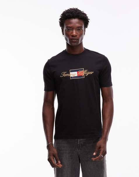 Tommy Hilfiger flag graphic t-shirt in black with gold tone detail - view 1