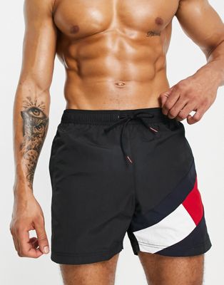 Tommy Hilfiger flag leg logo mid length swim shorts in black
