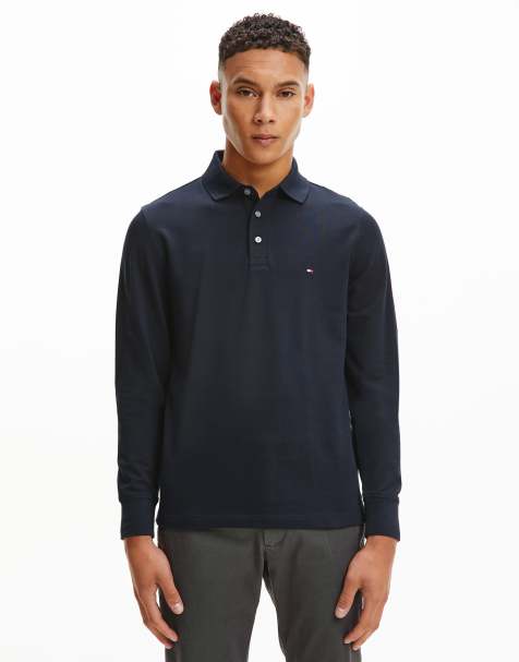 Tommy Hilfiger flag logo 1985 slim fit long sleeve pique polo in navy - view 1