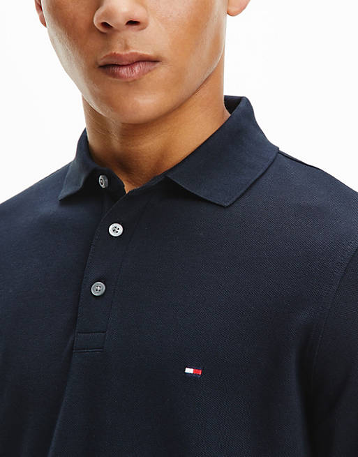 Tommy Hilfiger flag logo 1985 slim fit long sleeve pique polo in navy | ASOS