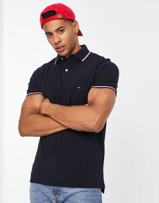 Tommy Hilfiger flag logo contrast tipped collar pique polo regular fit in desert sky navy - ASOS Price Checker