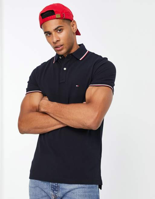 Tommy Hilfiger flag logo contrast tipped collar pique polo regular fit in desert  sky navy | ASOS