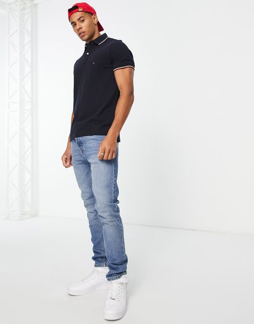 ASOS navy tipped Hilfiger | pique in sky logo fit Tommy contrast polo flag regular collar desert