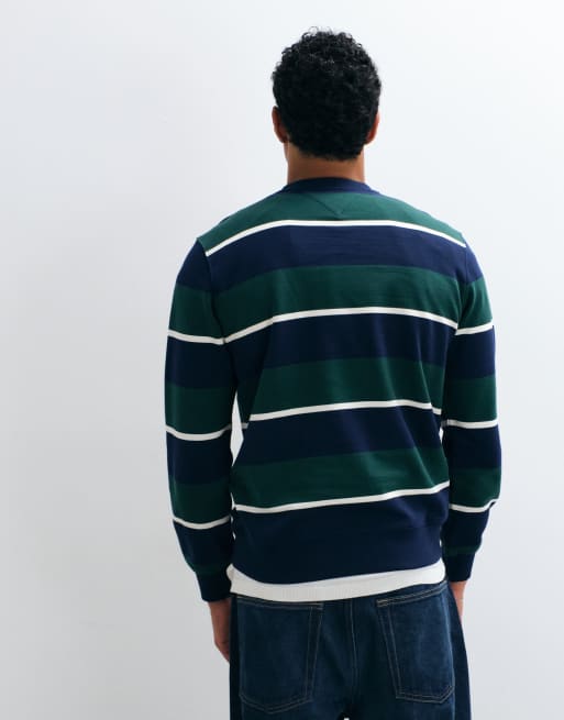 Tommy Hilfiger flag logo crew neck sweatshirt in navy/green stripe, 5 of 5