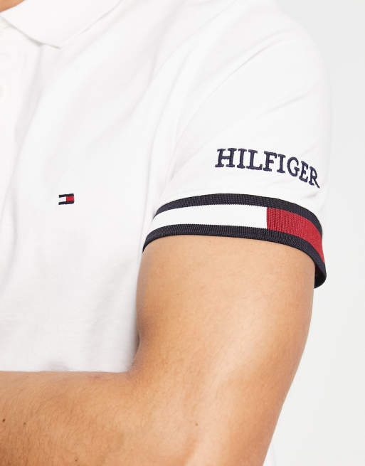 Tommy Hilfiger flag logo cuff sleeve polo shirt in white