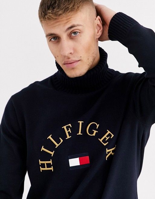 Tommy Hilfiger flag logo embroidery roll neck jumper in navy