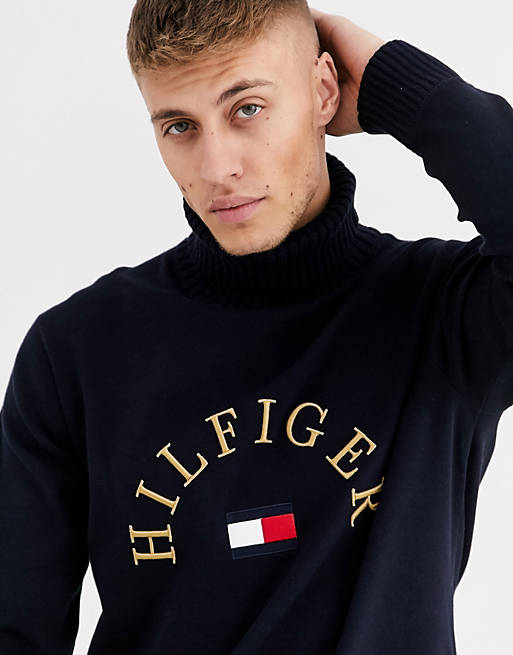 Tommy Hilfiger flag logo embroidery roll neck jumper in navy | ASOS
