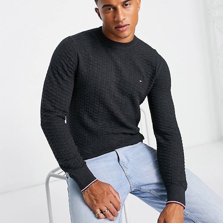 Tommy Hilfiger flag logo exaggerated structure knit sweater in dark gray  heather | ASOS