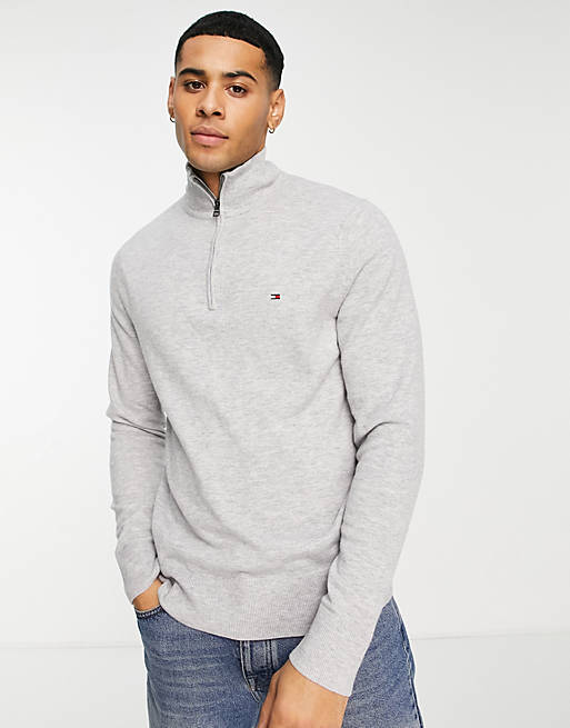 Tommy Hilfiger flag logo extrafine soft wool knit half zip sweater in gray  | ASOS