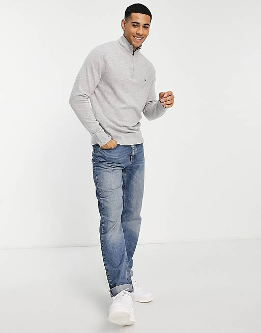 Tommy Hilfiger flag logo extrafine soft wool knit half zip sweater in gray  | ASOS